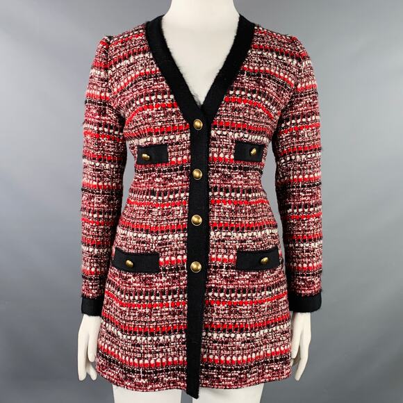 LUISA SPAGNOLI Size 10 Black Red White Wool Blend Boucle Single Breasted Coat - Picture 1 of 7